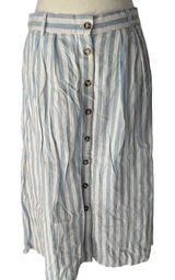 Everly Blue White Striped Linen Blend Button Front Midi Skirt Womens Large Photo 0