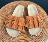 American Eagle Ruffle Slide Sandals Cognac Brown Faux Suede Cork Midsole Size 6 Photo 0