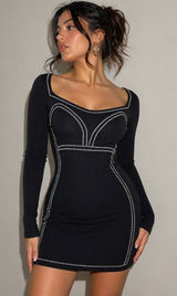 Say What Y2K Black Rhinestone Bodycon Mini Dress Long‎ Sleeve S NWOT Photo 0