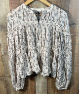 By Anthropologie Floral Block Print Puffy Zip Front Raw Edge Boho Blouse Large Photo 0
