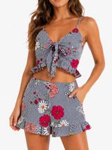 TRAC Floral Stripe Two Piece Set Ruffle Shorts & Tie Front Crop Top S Photo 0
