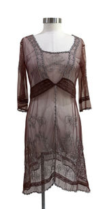 Vintage Style Sheer Mesh Embroidered Lace Trim Dress Brown Silver Size S Photo 0