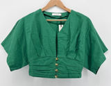 NWT Commense V-Neck Ruched Waist Linen Blend Crop Top Green‎ Gold Buttons Small Photo 0