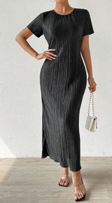 SHEIN pleated Crinkle short sleeve Slit maxi dress‎ black size 3XL Photo 0