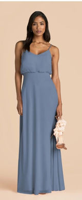 Birdy Grey Gwennie French Blue Chiffon V-Neck Maxi Bridesmaid Dress Slit Size L Photo 0