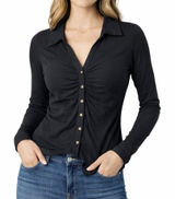 Steve‎ Madden Ribbed Ruched Button Down Long Sleeve Top Black Size M Photo 0