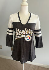 NFL Steelers Football T-Shirt V-Neck 3/4 Sleeve Gray White Womens‎ Size S Photo 0