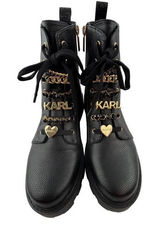 Karl Lagerfeld Paris Womens Black Leather Combat Boots Gold Charms Lug‎ Sole Photo 0