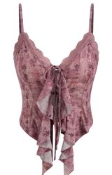 Cider Carmine Lace Ruffle Tie-Front Floral Cami Top – Size L (US 8) Photo 0