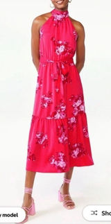 Scoop NWT Red Floral Halter Neck Tie Waist Sleeveless Maxi Dress Size XL Photo 0