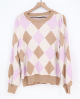 LOFT Sweater Womens XL Argyle Puff Sleeve Tan Purple Cream Knit Excellent Photo 0
