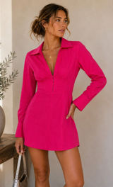 Urban Outfitters Hot Pink Long Sleeve Mini Dress Womens XS Barbie Core Collared Photo 0