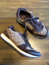 Coach Mason Jacquard Sneakers Suede Signature Monogram CC Canvas Brown Tan Photo 0