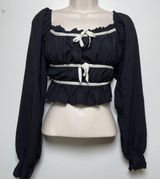 Thirty Thirty Women Milkmaid‎ Crop Top L Black Velvet Bow Dark Coquette Cottage Photo 0
