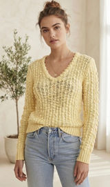 Mister Noah Vintage Yellow V-Neck Textured Knit Sweater Cozy Retro Pullover M Photo 0