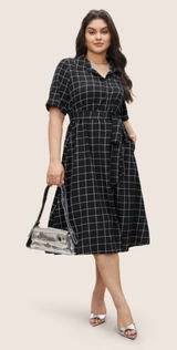 NWT BloomChic Black Windowpane Midi Shirt Dress with Tie Waist Photo 0