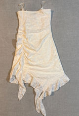White Lace Ruched Mini Dress‎ Size Large Cream Asymmetrical Ruffle Hanky Hem Photo 0