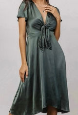 Baltic Born Poppy Satin Midi Dress Dark Sage Green V-Neck Peek Tie Front Size L Photo 0