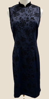VTG 90s CDC Navy Blue Black Flocked‎ Velvet Floral Mandarin Collar Midi Dress 10 Photo 0