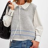 Free People‎ All Star Stripe Poncho Vest Gray Blue V-Neck Side Tie Tassels OS Photo 0
