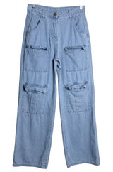 Women's Cargo Jeans Small Light Wash Blue Y2K Wide Leg Multi Pocket Utility Photo 0