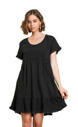 Umgee USA Black Linen Blend Fringed Babydoll Mini Dress Womens Large Photo 0