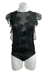 Zara Women's Black Lace Sheer Mesh Ruffle High Neck Cap Sleeves Bodysuit Top S Photo 0