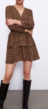 Zara Womens Floral Tiered Ruffle Mini‎ Dress Smocked Waist V-Neck Long Sleeve XS Photo 0