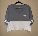 PINK Victoria's Secret Grey White Colorblock V-Neck Graphic Crop Top XL Y2K Photo 0