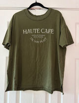 Aerie Haute Cafe Paris Graphic T-Shirt Olive Green Raw Edge Relaxed Fit Medium Photo 0
