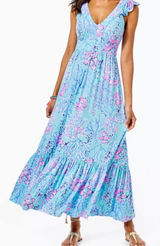 Lilly Pulitzer bohemian preppy ruffle vyra maxi blue long formal dress size 4 Photo 0