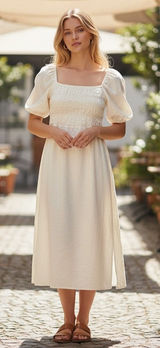 Forever 21 Women's M Cream Linen Blend Smocked Puff Sleeve Open Back‎ Midi Dress Photo 0