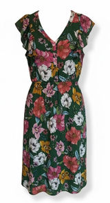 DR2 Daniel Rainn Green Floral Midi Dress Small Ruffle Cap Sleeve V-Neck Photo 0