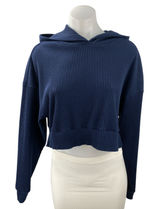Alo Yoga Muse Women's Blue Ribbed Knit Hooded Long Sleeve Crop Sweatshirt Top M Photo 0