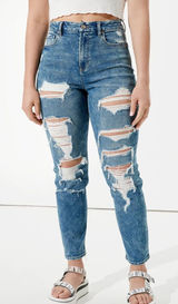 American Eagle Stretch Hi Rise Ripped Distressed Mom Jeans Photo 0