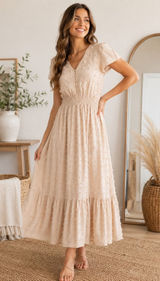 PrettyGarden Women Beige Swiss Dot Smocked Waist V-Neck Ruffle Midi Dress Medium Photo 0