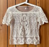 Cream White Crochet Mesh Scalloped Short Sleeve Crop Boxy Overlay T-Shirt Photo 0