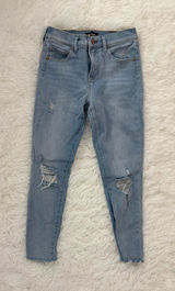 EXPRESS Women Skinny Mid Rise Jeans Distressed Size 2/S Blue Denim 27x23 Crop Photo 0
