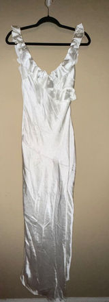 Here Comes the Sun White Satin NWT Ruffle Maxi Dress XS asymmetrical side slit Beach Wedding Chic Photo 0