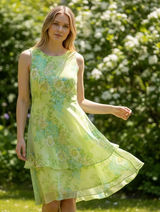 Studio I Women's Lime Green Floral‎ Chiffon Tiered Midi Dress Size 8 Sleeveless Photo 0