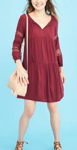 Old Navy Womens Burgundy Dress Long Sleeve Lace Detail Tassel Tie Size‎ L Photo 0