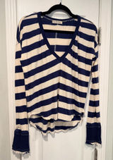 NWOT Free People We The Free Size L Blue Cream Striped Thermal Knit V Neck Top Photo 0