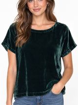 Eileen Fisher silk blend velvet green short sleeve oversized top size S small Photo 0