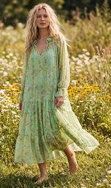 Free People Feeling Groovy Maxi Dress Size Large 70s Chartreuse Floral Bohemian Photo 0