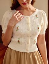 White Short Sleeve Knit Cardigan with Heart Buttons Photo 0