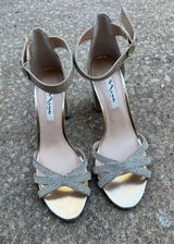 Nina New York Gold Shimmer Rhinestone Strappy Ankle Strap Block Heel Sandals Photo 0