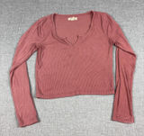 Madewell T-Shirt Womens S Pink Notch V-Neck Long Sleeve Ribbed Cropped Top Photo 0