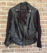 torrid Black Faux Leather Moto Jacket with Dark Fabric Sleeves Photo 0