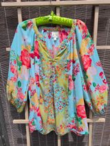Fig & Flower Floral Blouse Boho Sheer 3/4 Sleeve Colorful Top Large Photo 0