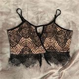 Fora Black Floral Lace Crop Top Nude Lining Adjustable‎ Straps Small Back Zip Photo 0